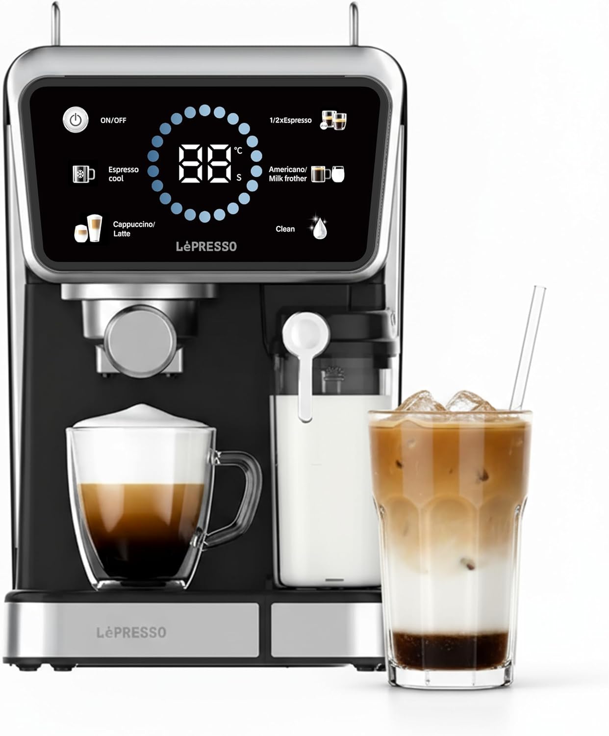 ماكينة تحضير القهوة الساخنة والباردة من LePresso، ماكينة إسبرسو مع خافق الحليب