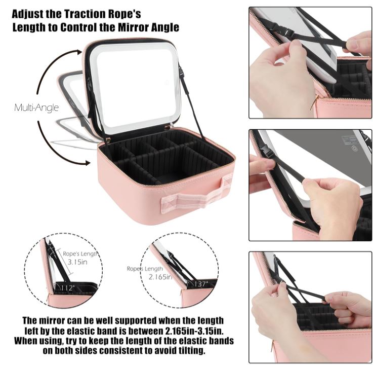 حقيبة أدوات مكياج مع ضوء ومرآة، منظم مستحضرات تجميل كبير مع مقسمات قابلة للتعديل