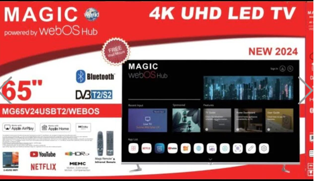 تلفزيون ماجيك وورلد الذكي ال اي دي 65 بوصة يعمل بنظام WebOS، 4K UHD+ رسيفر ستالايت مدمج T2S2، واي فاي 2.4G/5G