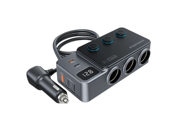 شاحن سيارة Porodo 120 واط ثلاثي المنافذ بمقبس ولاعة