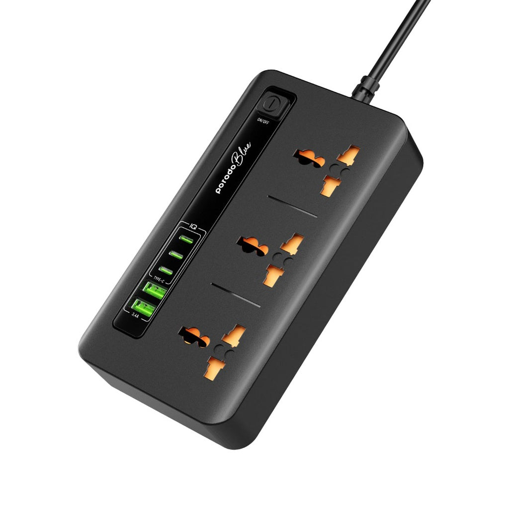 مقبس طاقة بورودو بلو 3 تيار متردد مع 2 منفذ USB-A و3 منافذ Type-C بطول 2 متر وقوة 3000 واط - أسود