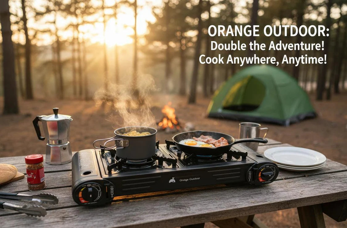 موقد غاز محمول مزدوج الشعلات، موقد تخييم عالي التحمل للسفر في الهواء الطلق والشواء