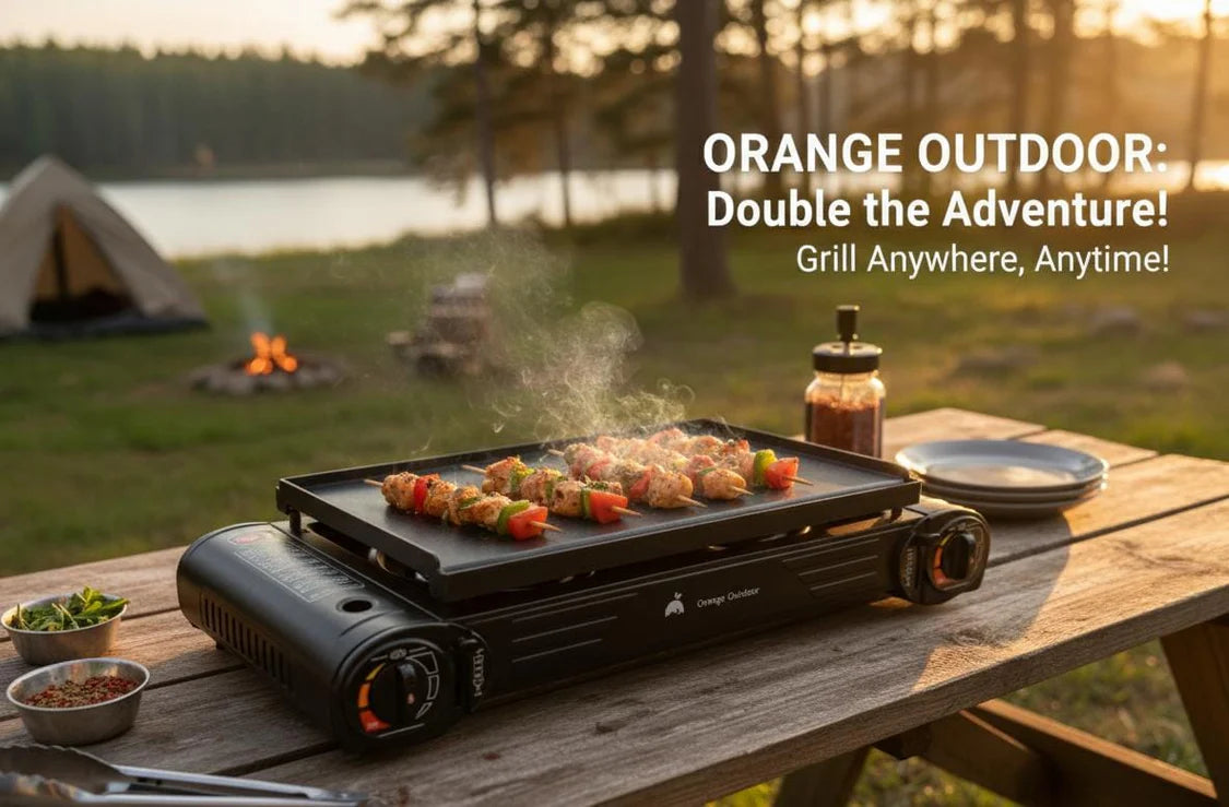 موقد غاز محمول مزدوج الشعلات، موقد تخييم عالي التحمل للسفر في الهواء الطلق والشواء
